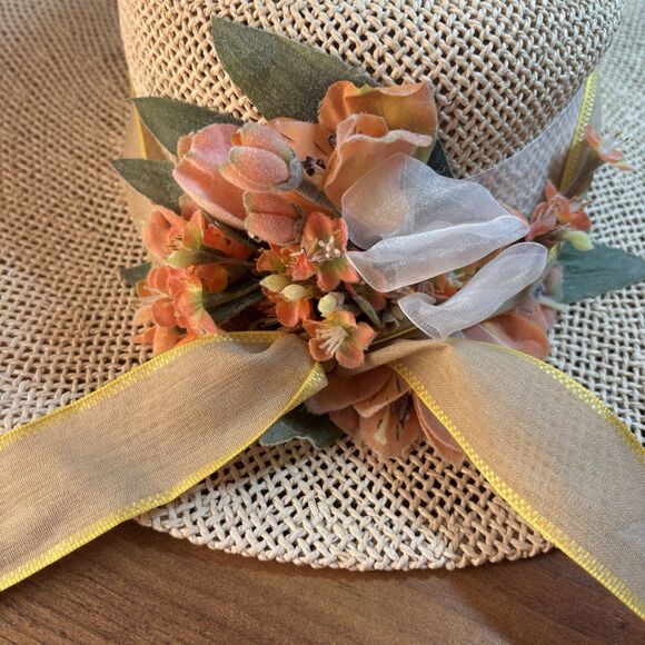 VTG Cappelli Florida Woven Straw Sun Hat Floral Ribbon Classic Cottage - Picture 4 of 11